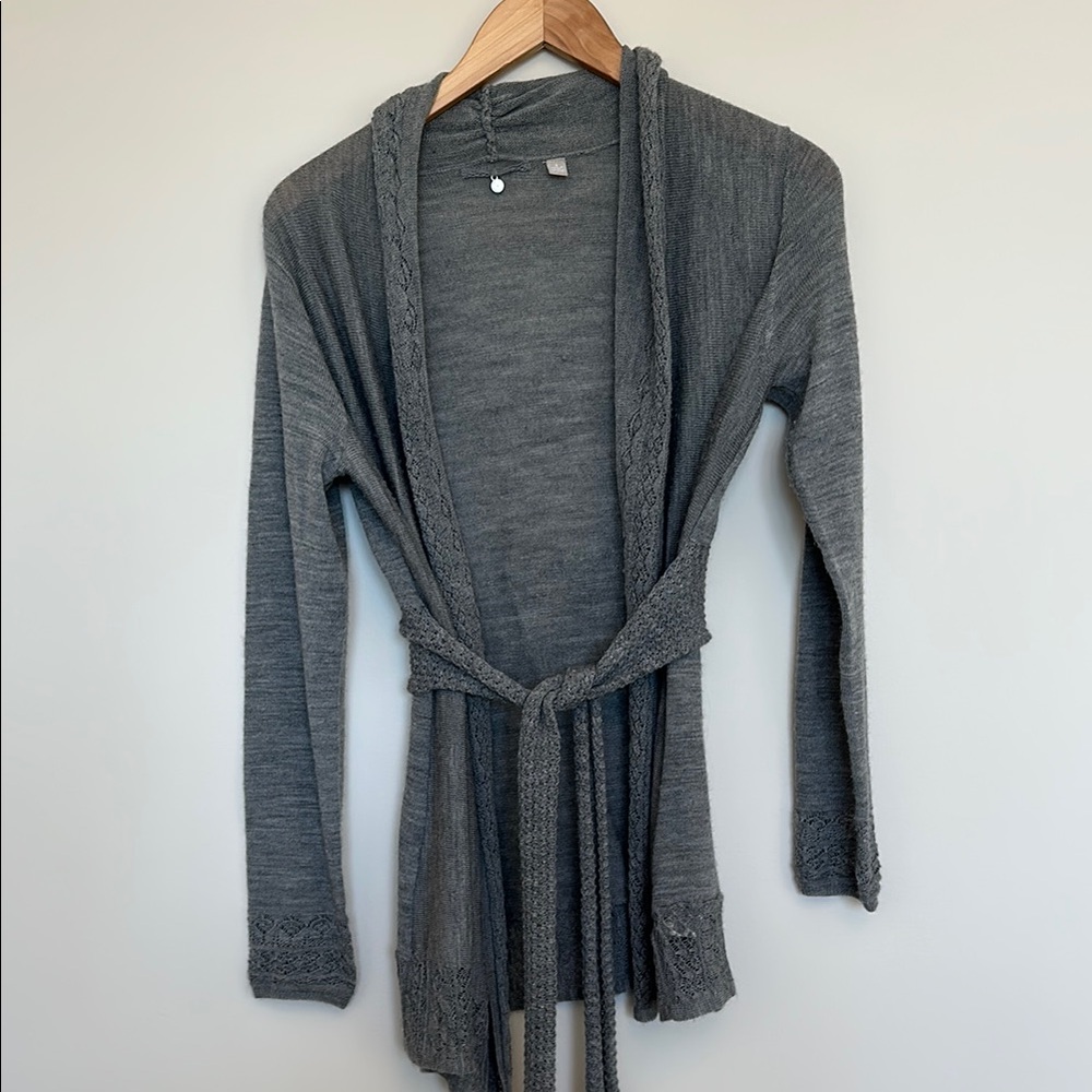 Anthropologie Gray Cardigan with Shawl Collar and Belt